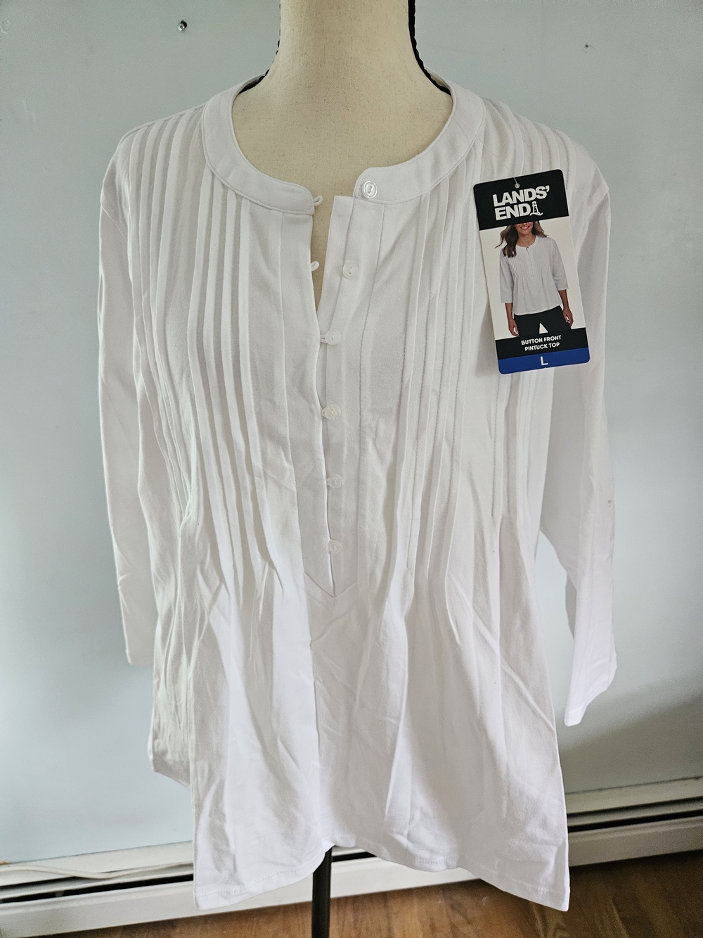 Lands' End White Women's Pintuck Front Henley Shirt - L#257